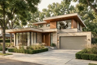 Maison contemporaine de luxe avec façade en pierre naturelle et grandes baies vitrées, style architectural haut de gamme qui se vend cher