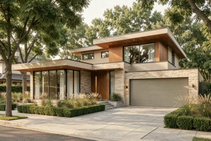Maison contemporaine de luxe avec façade en pierre naturelle et grandes baies vitrées, style architectural haut de gamme qui se vend cher