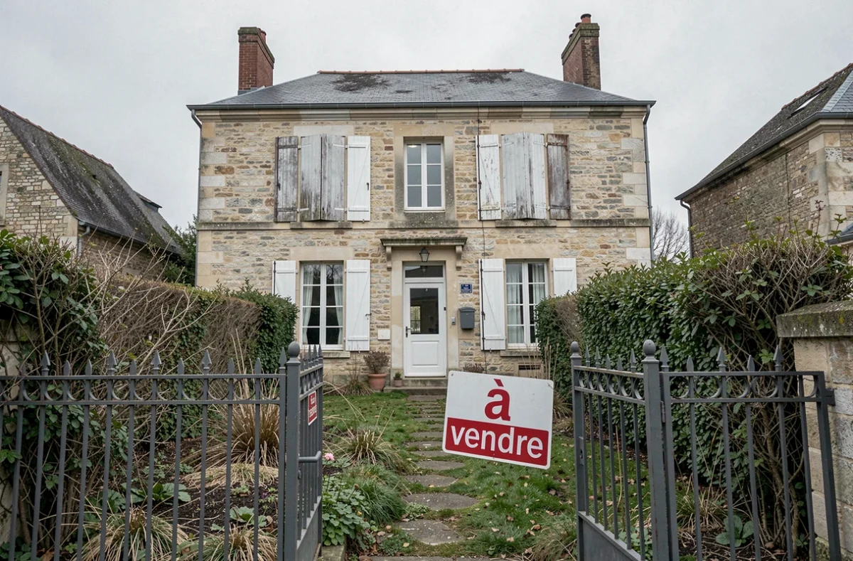 Maison française en pierre avec panneau à vendre bloquée dans une procédure de succession entre héritiers