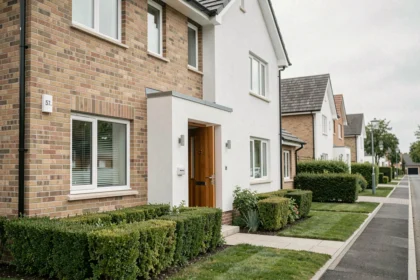 Maison individuelle moderne en brique avec jardin bien entretenu dans un quartier résidentiel calme
