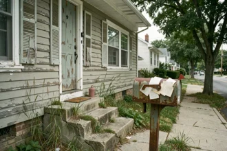 Maison inoccupée avec volets fermés, mauvaises herbes et boîte aux lettres remplie de courrier en attente