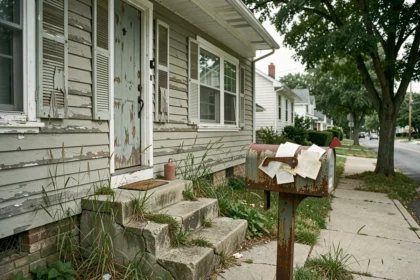 Maison inoccupée avec volets fermés, mauvaises herbes et boîte aux lettres remplie de courrier en attente