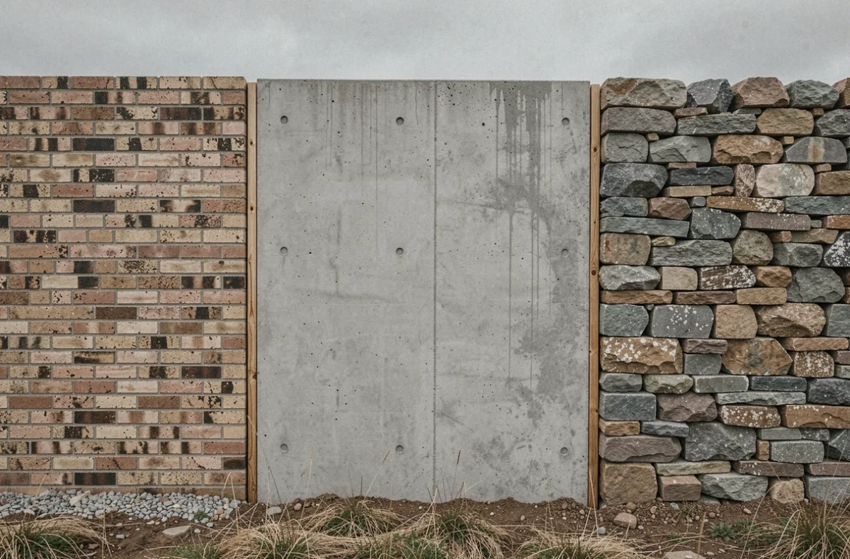 Comparaison visuelle de trois types de murs — brique, béton armé et pierre sèche — testés en extérieur
