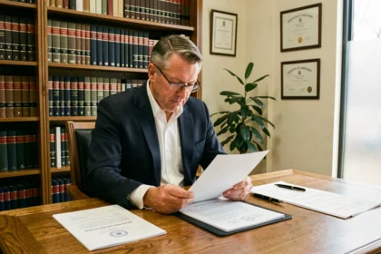 Notaire examinant un contrat immobilier dans son bureau officiel, symbolisant les frais de notaire lors d'un achat immobilier