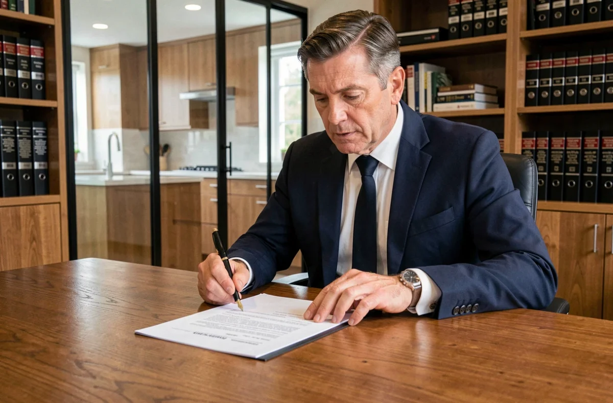 Notaire examinant des documents immobiliers avec une cuisine équipée visible en arrière-plan pour illustrer la déduction des frais de notaire