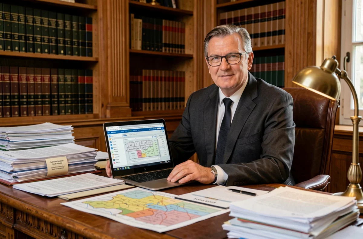 Notaire analysant des documents d'estimation immobilière dans son bureau pour déterminer la valeur d'un bien