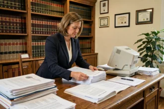 Notaire examinant des documents officiels liés à une hypothèque immobilière dans son bureau
