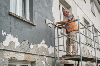 Ouvrier appliquant un enduit de ravalement sur la façade d'un immeuble résidentiel depuis un échafaudage