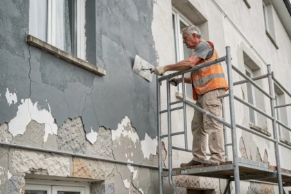 Ouvrier appliquant un enduit de ravalement sur la façade d'un immeuble résidentiel depuis un échafaudage