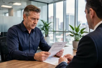 Homme en chemise bleue discutant d'une pénalité de remboursement anticipé avec un conseiller bancaire dans un bureau moderne