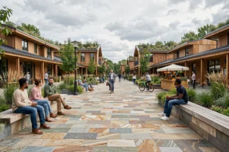 Place publique animée d'un écoquartier avec pavés en pierre naturelle, mobilier urbain en bois et architecture durable à toiture végétalisée