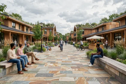 Place publique animée d'un écoquartier avec pavés en pierre naturelle, mobilier urbain en bois et architecture durable à toiture végétalisée