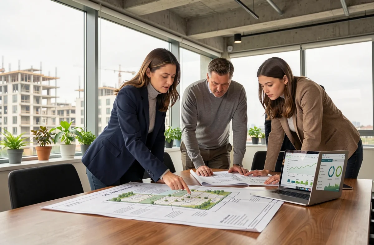 Urbaniste et équipe analysant un plan d'éco-quartier autour d'une table de travail, symbolisant la planification des dimensions du référentiel éco-quartier