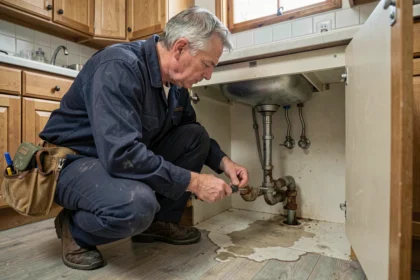 Plombier inspectant une fuite d'eau sous un évier dans un appartement en location