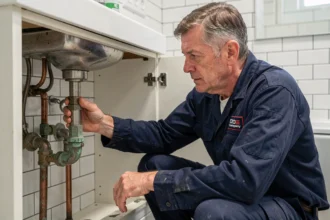 Plombier professionnel inspectant la tuyauterie sous un lavabo de salle de bain