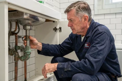 Plombier professionnel inspectant la tuyauterie sous un lavabo de salle de bain