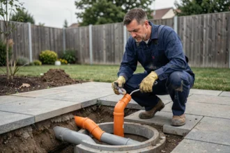 Plombier mesurant la pente d'une canalisation d'évacuation gravitaire en PVC dans une tranchée extérieure