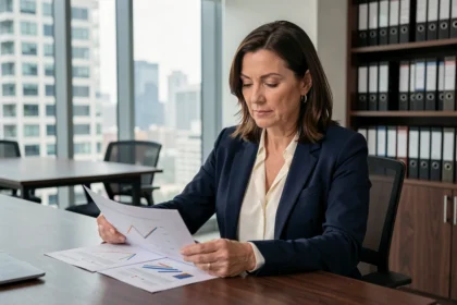 Femme professionnelle analysant des documents de plus-value immobilière après 10 ans d'investissement dans un bureau moderne