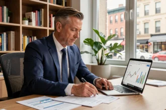Homme d'affaires analysant la plus-value immobilière après 5 ans sur un ordinateur portable avec des graphiques financiers