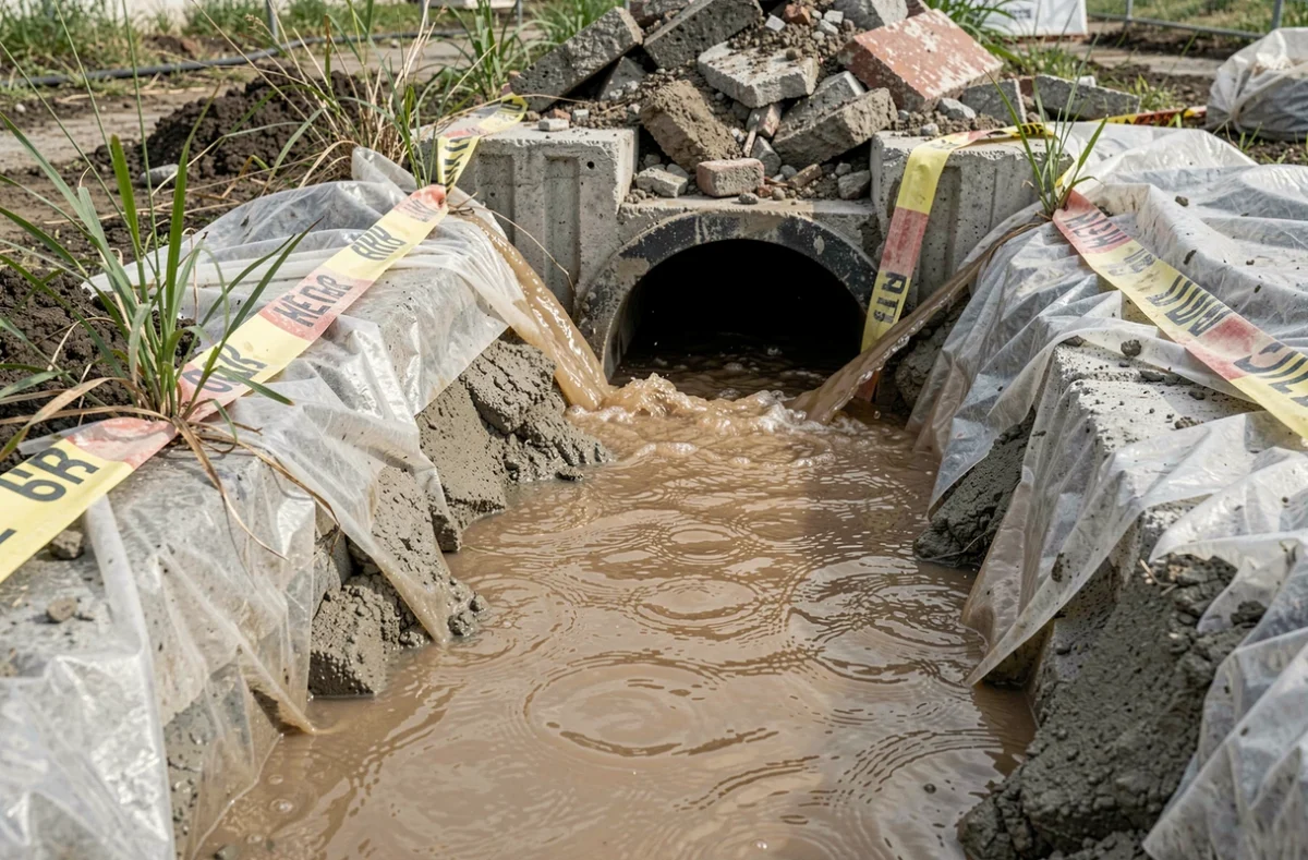 Eau boueuse chargée de sédiments s'écoulant vers un caniveau lors de travaux de construction, illustrant la pollution des eaux