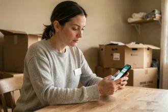 Femme en train de prévenir EDF d'un déménagement via son smartphone dans un appartement avec cartons