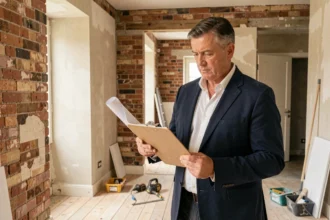 Professionnel de l'immobilier examinant des plans dans un appartement en cours de rénovation éligible à la loi Denormandie