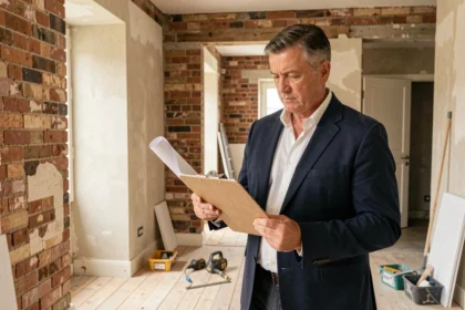 Professionnel de l'immobilier examinant des plans dans un appartement en cours de rénovation éligible à la loi Denormandie