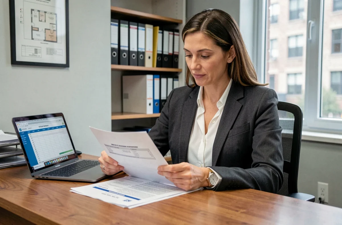 Professionnelle de l'immobilier analysant un tableau de vétusté et des estimations de coûts de rénovation peinture