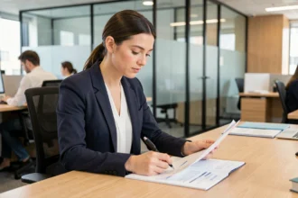 Jeune professionnelle en bureau examinant des documents relatifs à une prime d'installation