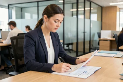 Jeune professionnelle en bureau examinant des documents relatifs à une prime d'installation