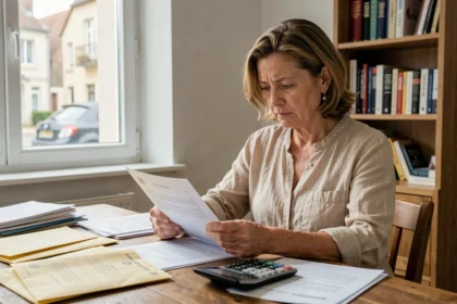 Propriétaire immobilier examinant des documents administratifs liés aux allocations logement à son domicile