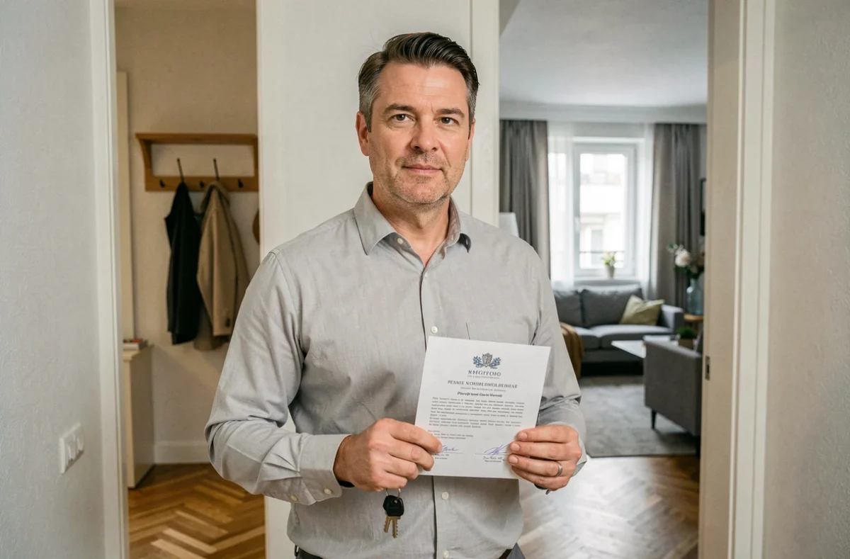 Propriétaire tenant les clés et un document d'autorisation pour louer son appartement sur Airbnb