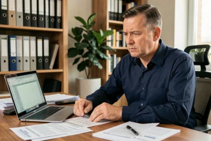 Propriétaire LMNP examinant des documents fiscaux et des formulaires de déclaration à son bureau à domicile