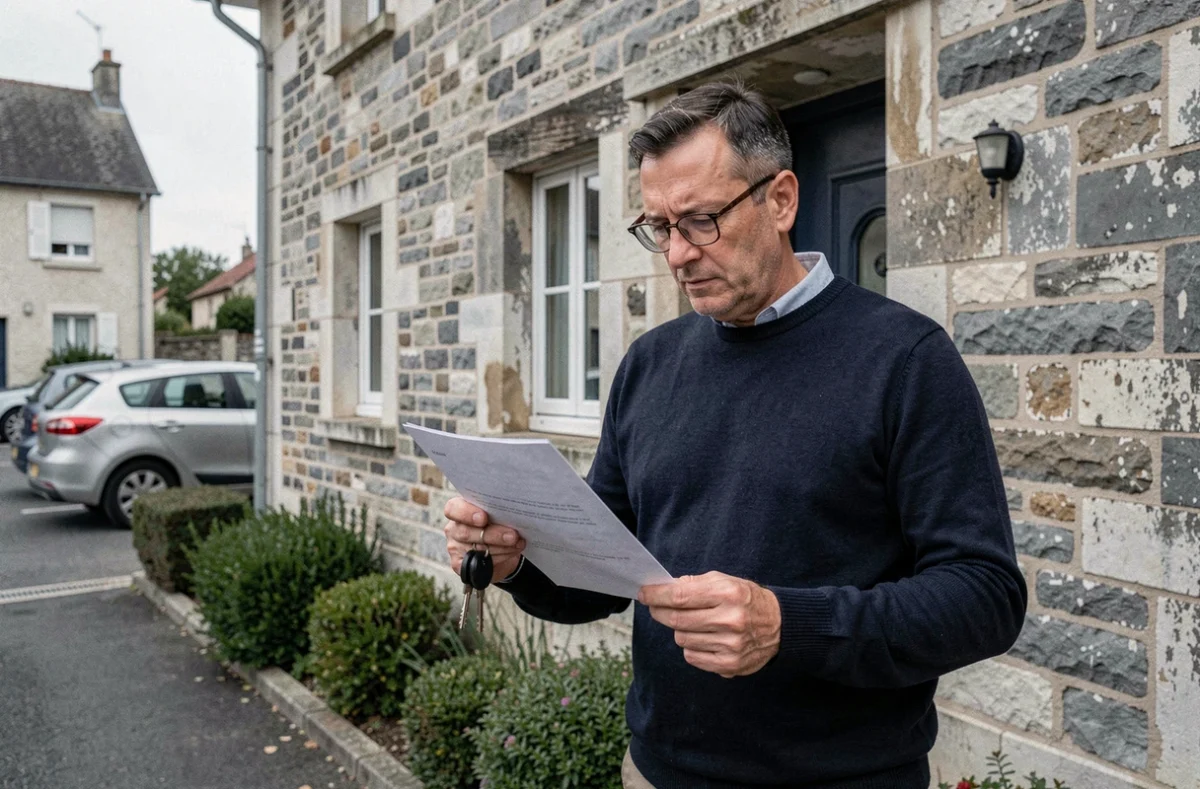 Homme propriétaire devant sa maison tenant une lettre concernant l'éligibilité aux aides au logement