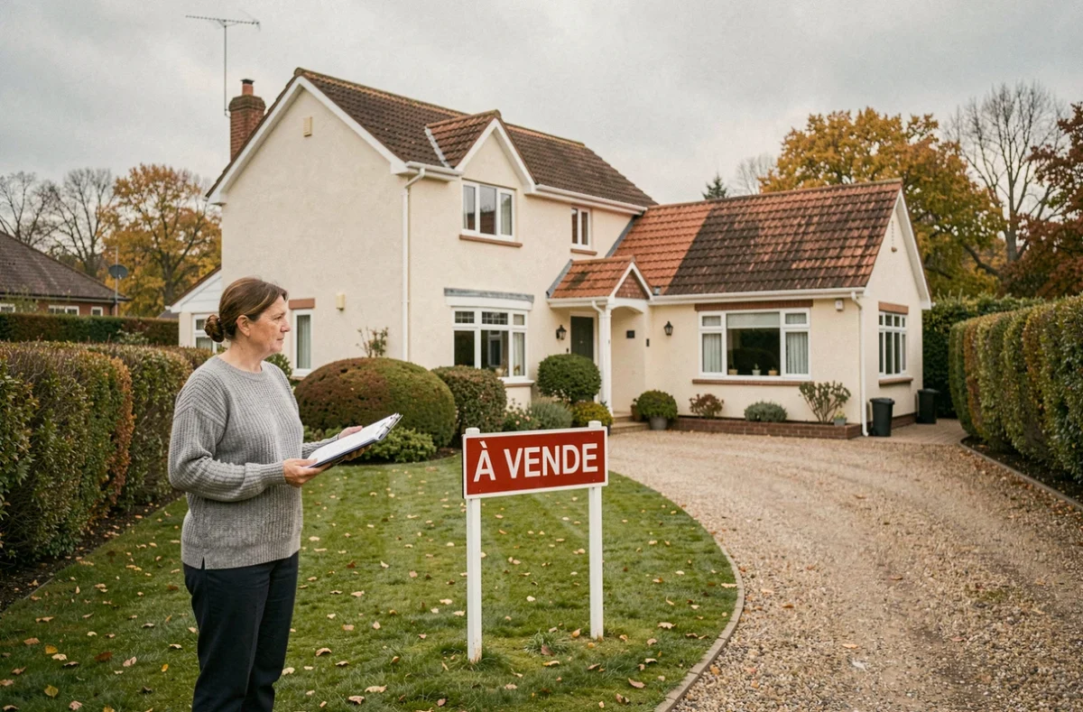 Propriétaire devant sa maison à vendre avec panneau immobilier en automne, réflexion sur la fiscalité de la cession