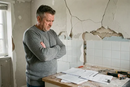 Propriétaire frustré examinant des malfaçons dans une cuisine en travaux après intervention d'un artisan sans assurance décennale