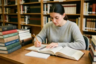 Femme consultant un dictionnaire et des livres de linguistique pour rechercher des collocations dans une bibliothèque universitaire