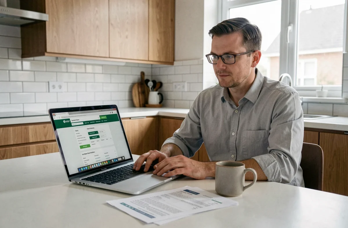 Homme recherchant des informations sur une hypothèque immobilière en ligne depuis chez lui