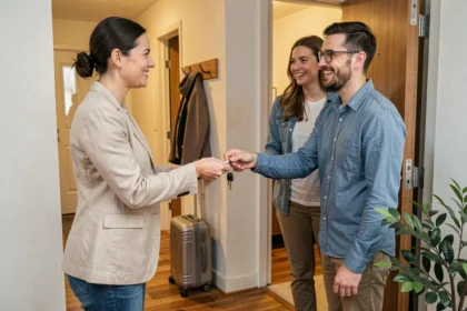 Remise des clés d'un appartement en location courte durée entre un hôte et des voyageurs