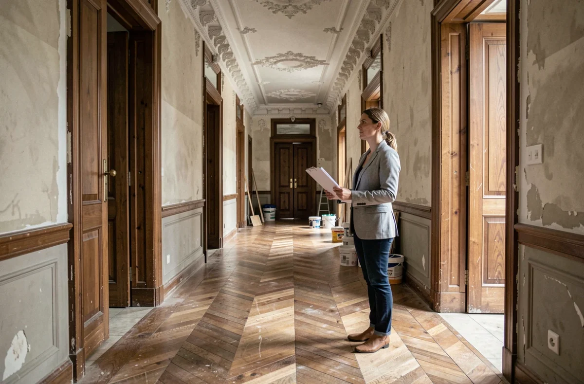 Propriétaire inspectant un appartement ancien haussmannien en cours de rénovation pour défiscalisation