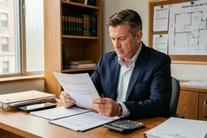 Homme d'affaires examinant des documents fiscaux liés au déficit foncier dans un bureau professionnel