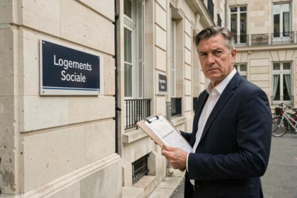 Responsable municipal devant un bâtiment administratif français tenant des documents sur la loi des 20% de logements sociaux
