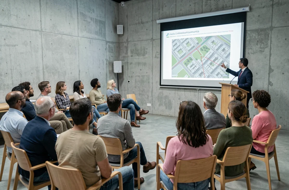 Réunion publique de concertation sur un projet urbain dans une salle de mairie moderne avec habitants et élu