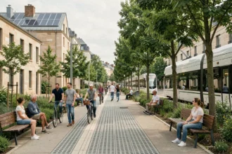Rue piétonne d'un éco-quartier européen avec panneaux solaires, végétation urbaine et mobilités douces illustrant les dimensions du référentiel éco-quartier