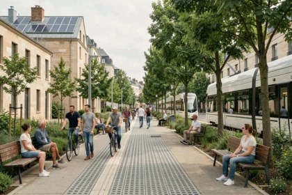 Rue piétonne d'un éco-quartier européen avec panneaux solaires, végétation urbaine et mobilités douces illustrant les dimensions du référentiel éco-quartier