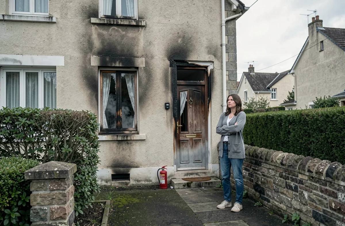 Façade d'une maison individuelle avec des traces de sinistre incendie, illustrant les dommages couverts par l'assurance habitation