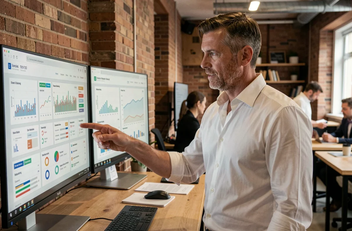 Entrepreneur consultant des tableaux de bord financiers sur écrans multiples dans un espace de coworking