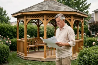 Homme tenant un plan architectural devant un gazebo en bois dans un jardin, illustrant la réglementation sur la taille des gazebos sans permis de construire
