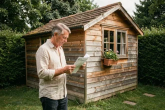 Propriétaire examinant un document de taxe foncière devant son abri de jardin en bois dans un jardin suburban