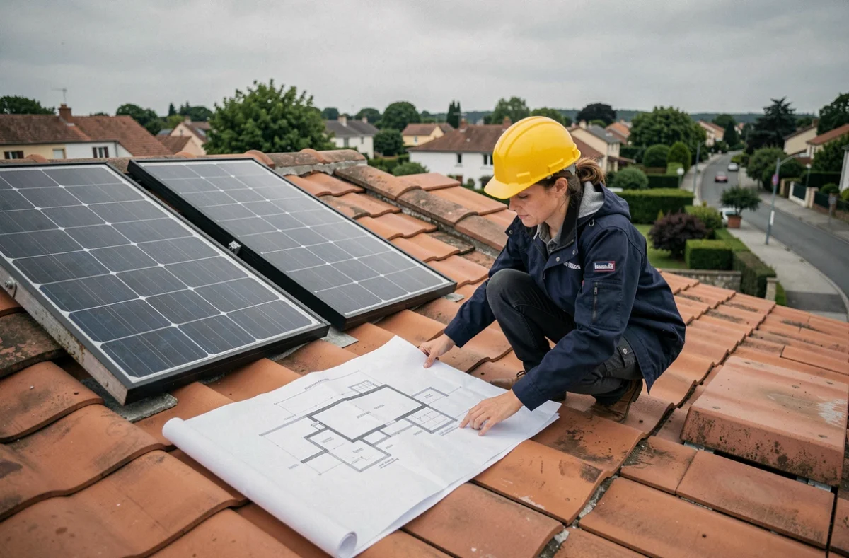 Une technicienne examine les plans d'installation de panneaux photovoltaïques sur un toit de maison individuelle